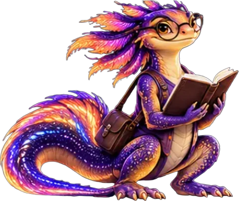 Teacher Neut, a glowing purple and orange Neut in round glasses reading a book